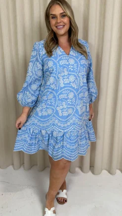 CurveWow Schiffli Frill Hem Dress Blue