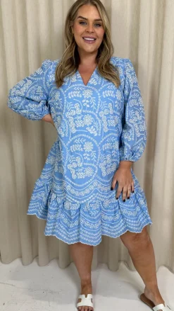 CurveWow Schiffli Frill Hem Dress Blue