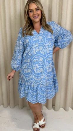 CurveWow Schiffli Frill Hem Dress Blue