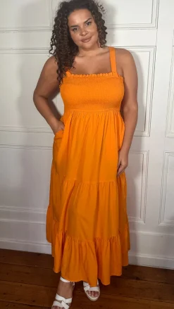 CurveWow Shirred Maxi Dress Orange