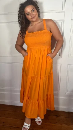 CurveWow Shirred Maxi Dress Orange