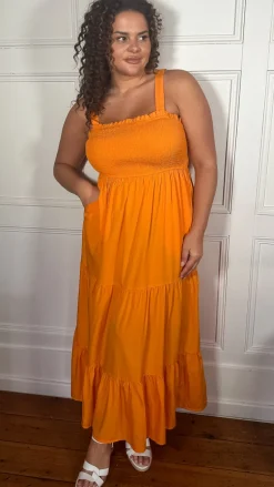 CurveWow Shirred Maxi Dress Orange