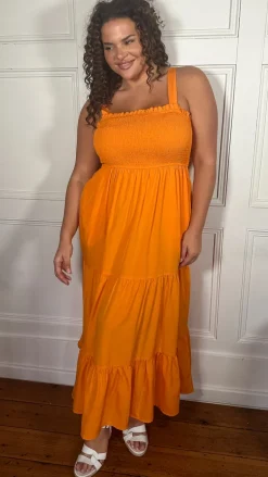 CurveWow Shirred Maxi Dress Orange