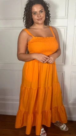 CurveWow Shirred Maxi Dress Orange