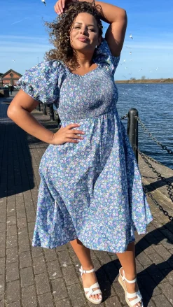 CurveWow Shirred Midi Dress Blue Multi Floral