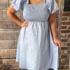 CurveWow Shirred Midi Dress Blue Polka Dot
