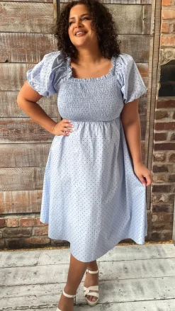 CurveWow Shirred Midi Dress Blue Polka Dot