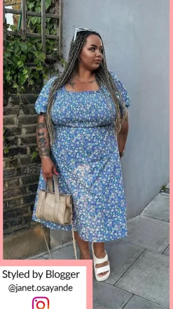 CurveWow Shirred Midi Dress Blue Multi Floral