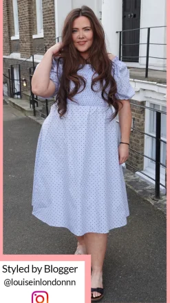 CurveWow Shirred Midi Dress Blue Polka Dot