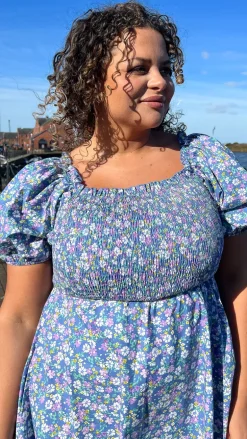 CurveWow Shirred Midi Dress Blue Multi Floral