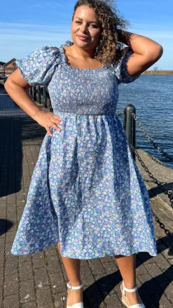 CurveWow Shirred Midi Dress Blue Multi Floral