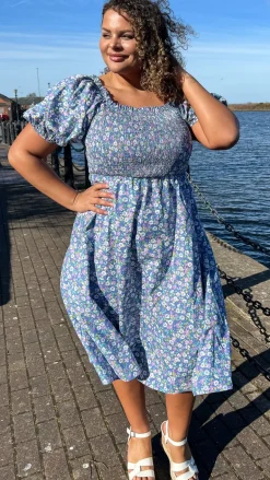 CurveWow Shirred Midi Dress Blue Multi Floral