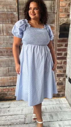CurveWow Shirred Midi Dress Blue Polka Dot