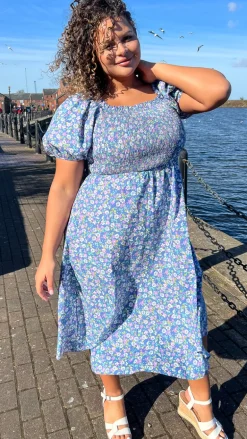 CurveWow Shirred Midi Dress Blue Multi Floral