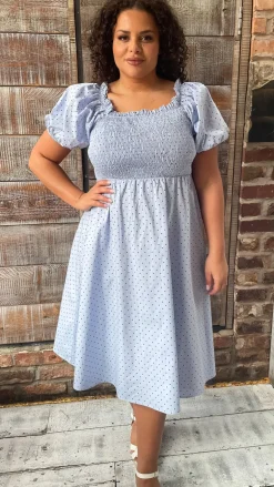 CurveWow Shirred Midi Dress Blue Polka Dot