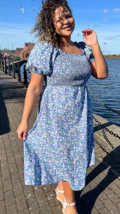 CurveWow Shirred Midi Dress Blue Multi Floral