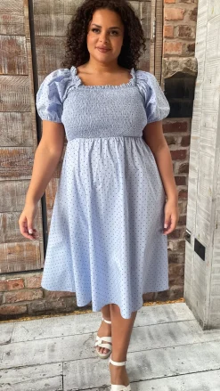 CurveWow Shirred Midi Dress Blue Polka Dot
