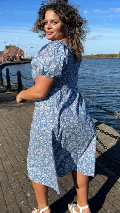 CurveWow Shirred Midi Dress Blue Multi Floral