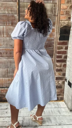 CurveWow Shirred Midi Dress Blue Polka Dot