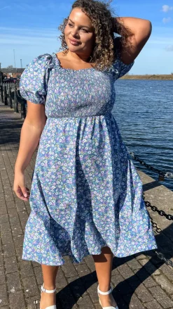CurveWow Shirred Midi Dress Blue Multi Floral