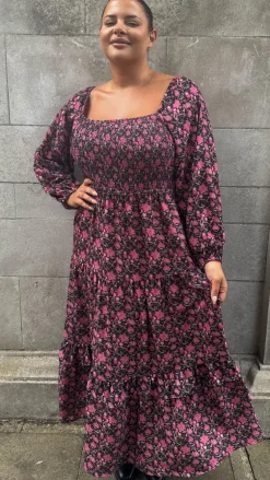 CurveWow Shirred Top Maxi Dress Red Floral