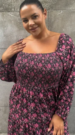 CurveWow Shirred Top Maxi Dress Red Floral