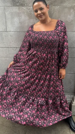 CurveWow Shirred Top Maxi Dress Red Floral