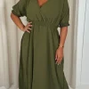 CurveWow Shirred Waist Cuff Midaxi Dress Khaki