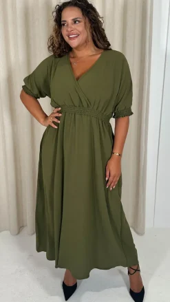 CurveWow Shirred Waist Cuff Midaxi Dress Khaki