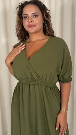 CurveWow Shirred Waist Cuff Midaxi Dress Khaki