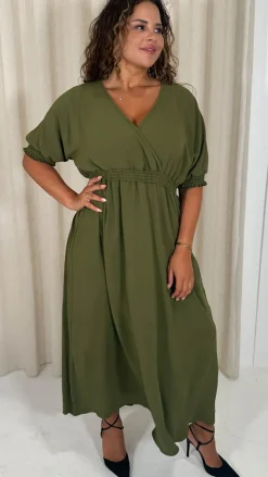 CurveWow Shirred Waist Cuff Midaxi Dress Khaki