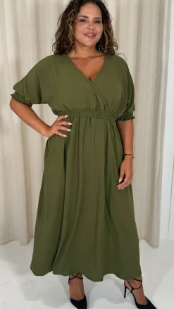 CurveWow Shirred Waist Cuff Midaxi Dress Khaki