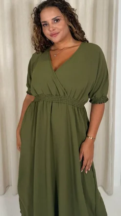CurveWow Shirred Waist Cuff Midaxi Dress Khaki