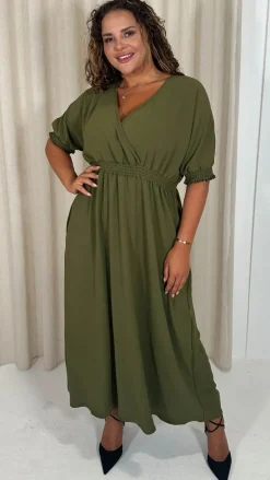 CurveWow Shirred Waist Cuff Midaxi Dress Khaki
