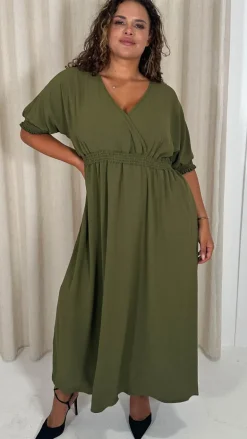 CurveWow Shirred Waist Cuff Midaxi Dress Khaki