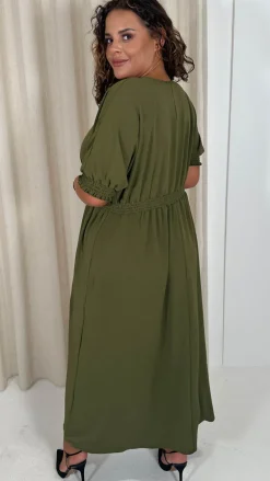 CurveWow Shirred Waist Cuff Midaxi Dress Khaki