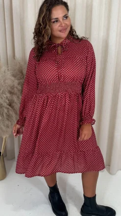 CurveWow Shirred Waist Tie Neck Dress Red Spot