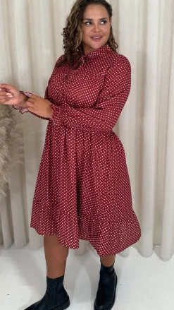 CurveWow Shirred Waist Tie Neck Dress Red Spot