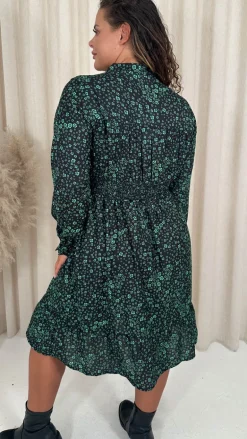 CurveWow Shirred Waist Tie Neck Dress Black & Green Ditsy