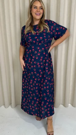 CurveWow Short Sleeve Maxi Tea Dress Navy Floral