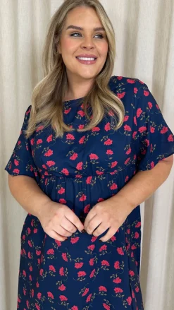 CurveWow Short Sleeve Maxi Tea Dress Navy Floral