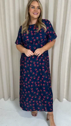 CurveWow Short Sleeve Maxi Tea Dress Navy Floral