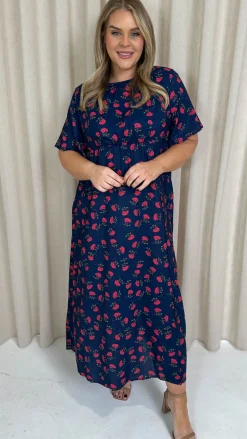CurveWow Short Sleeve Maxi Tea Dress Navy Floral