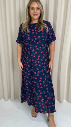CurveWow Short Sleeve Maxi Tea Dress Navy Floral