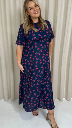 CurveWow Short Sleeve Maxi Tea Dress Navy Floral