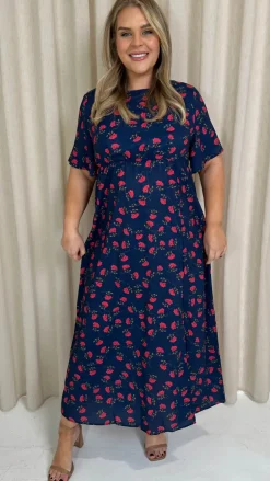 CurveWow Short Sleeve Maxi Tea Dress Navy Floral