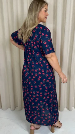 CurveWow Short Sleeve Maxi Tea Dress Navy Floral
