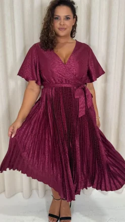 CurveWow Short Sleeve Pleated Midi Dress Wine Animal