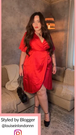 CurveWow Short Sleeve Wrap Front Collared Dress Red