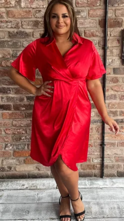 CurveWow Short Sleeve Wrap Front Collared Dress Red